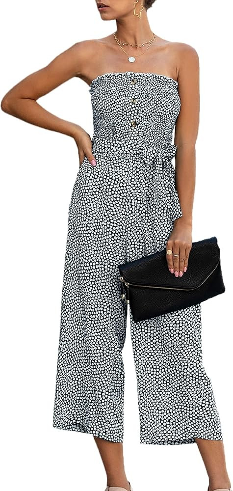 Angashion Women’s Jumpsuit-Casual Off Shoulder Sleeveless Ruffle Button Belt Wide Leg Jumpsuits Romp | Amazon (US)