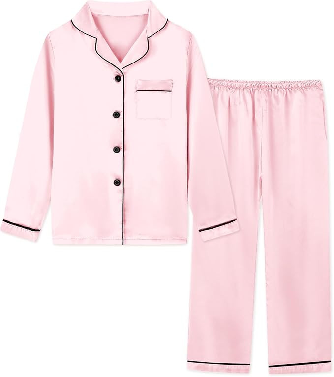 Schbbbta Girls & Womens Satin Pajamas Set, Silk Long Sleeve Nightwear Button-Down Sleepwear, 3 Ye... | Amazon (US)