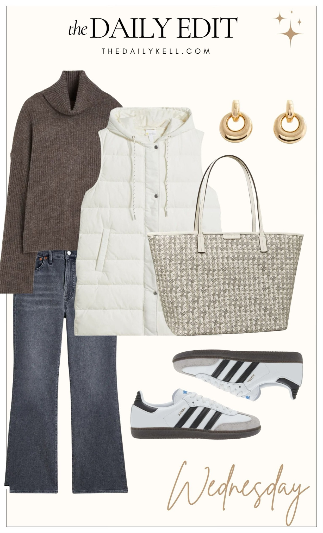 Wednesday’s look is inspired by my love of snow.  Something about this outfit makes me want to watch a snow fall and sip hot cocoa.   

Pair an oversized neutral sweater with your favorite pair of denim and a neutral puffer vest. Grab a tote and some sneakers to complete the look.  

#LTKover40 #LTKstyletip #LTKSeasonal