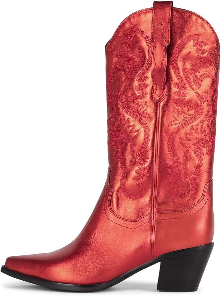 Yishaweiqi Western Cowboy Boots,Metallic Leather Mid Calf Boot Pointed Toe Embroidered Chunky Cow... | Amazon (US)