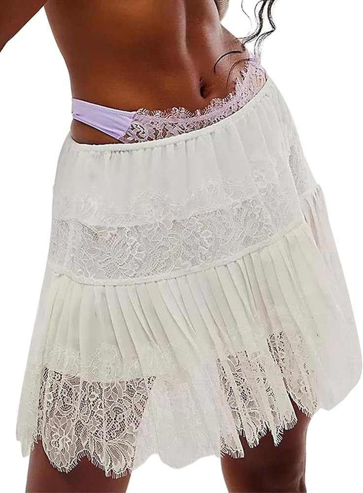 Women Lace Mini Skirts Summer Elastic Ruffle Layered Hem Sexy A-line Flowy Beach Floral Fairycore... | Amazon (US)