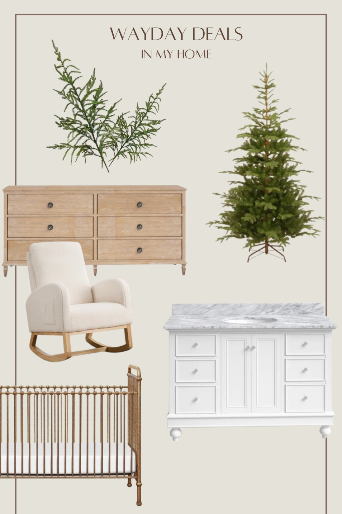 All of these items in my home are on sale for Way-Day! 

dresser, vanity, bathroom vanity, Christmas, Christmas tree, Norfolk pine, pine stems, rocking chair, Abigail namesake crib, crib, nursery, decor, home, home decor, look for less 



#LTKHome #LTKSaleAlert #LTKSeasonal