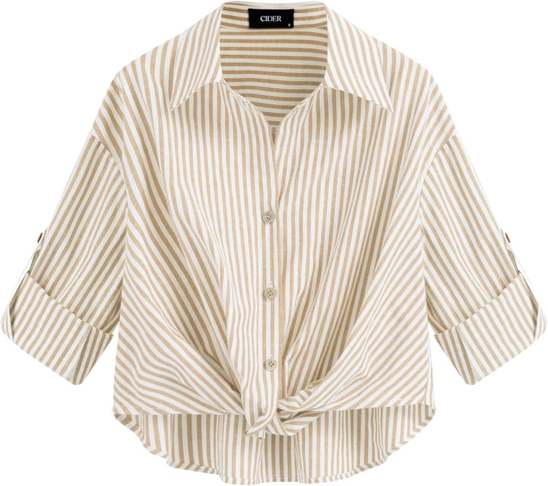CIDER Womens Shirts Striped Roll Up Long Sleeve Shirts for Women Cotton Blend Button Down Collar Shirt | Amazon (US)