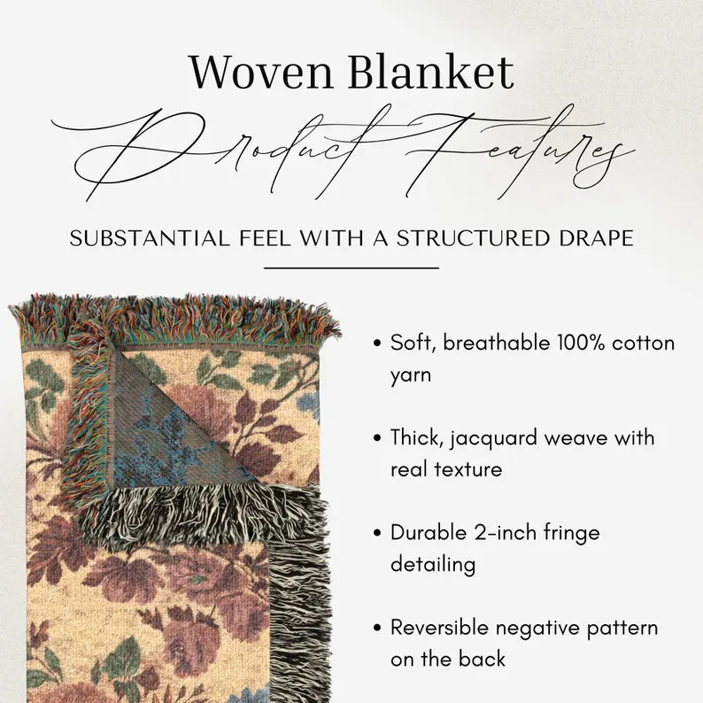 Vintage Botanical Floral Pattern Woven Blanket | Baroque Cottagecore Home Decor - Etsy | Etsy (Global)