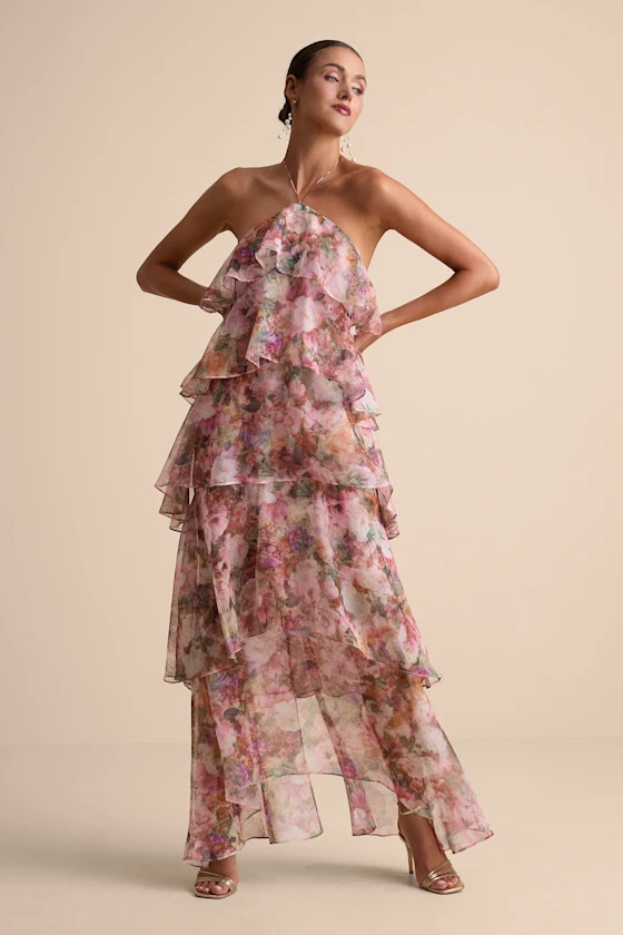 Melody Pink Floral Tiered Halter Maxi Dress | Lulus