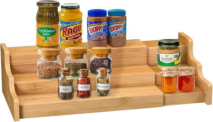 Spice Rack Kitchen Cabinet Organizer- 3 Tier Bamboo Expandable Display Shelf Yellow | Amazon (US)