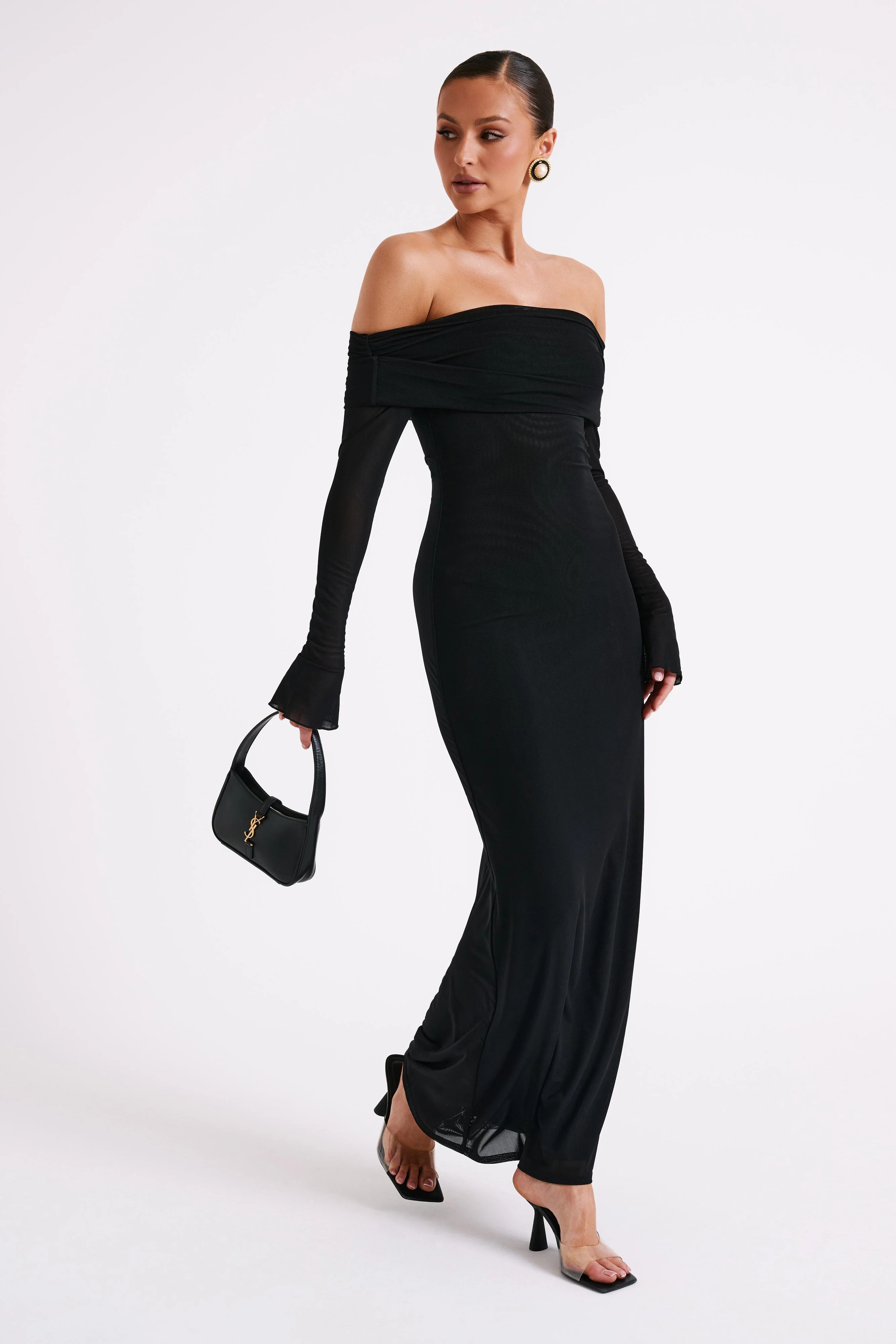 Josie Off Shoulder Mesh Maxi Dress - Black | MESHKI US