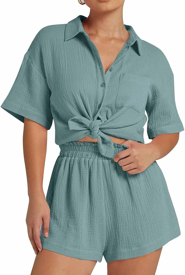 Flygo Womens Casual 2 Piece Outfits Cotton Linen Sets Button Down Oversized Shirt Shorts 2026 Paj... | Amazon (US)