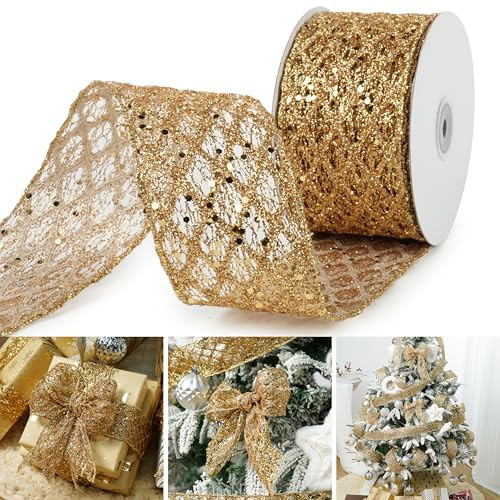 MAYREEL 2.5 Inch Gold Glitter Diamond Mesh Wired Ribbon for Christmas Tree Gift Wrapping Crafts Bows Wreaths Garland Wedding Tree Topper Holiday Decor Halloween 10 Yards | Amazon (US)