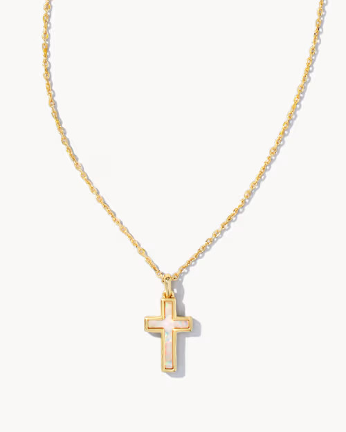 Cross Gold Pendant Necklace in White Lab Grown Opal | Kendra Scott