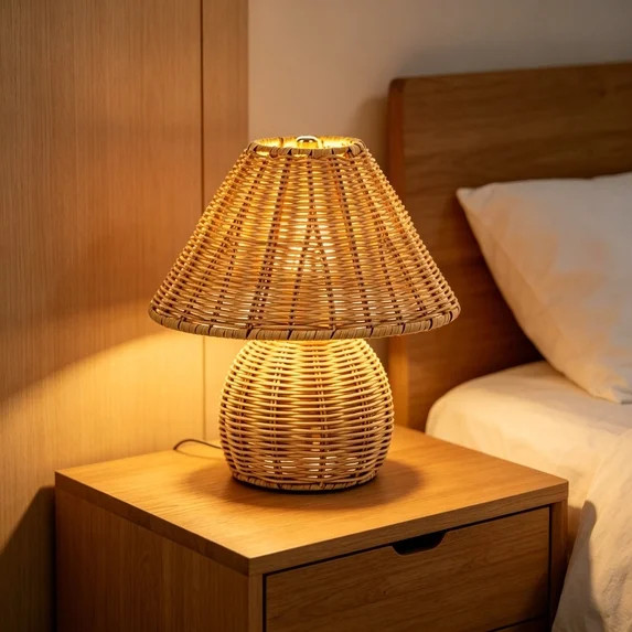 Orangide Bamboo Table Lamp Handmade Boho Rattan Bedside Lamp, 9 In Vintage Wicker Wooden Nightsta... | Walmart (US)