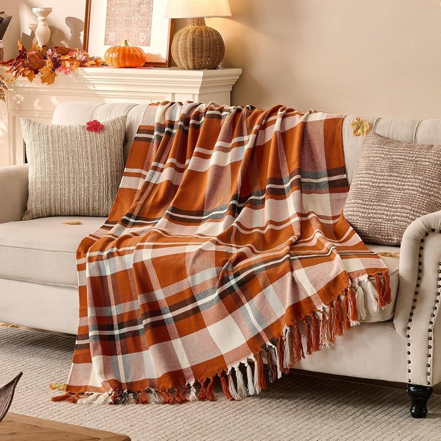 Lanpn Rust Plaid Throw Blanket, Cozy Soft Fall Fringe Blankets for Couch Sofa Bed, Lightweight Or... | Amazon (US)