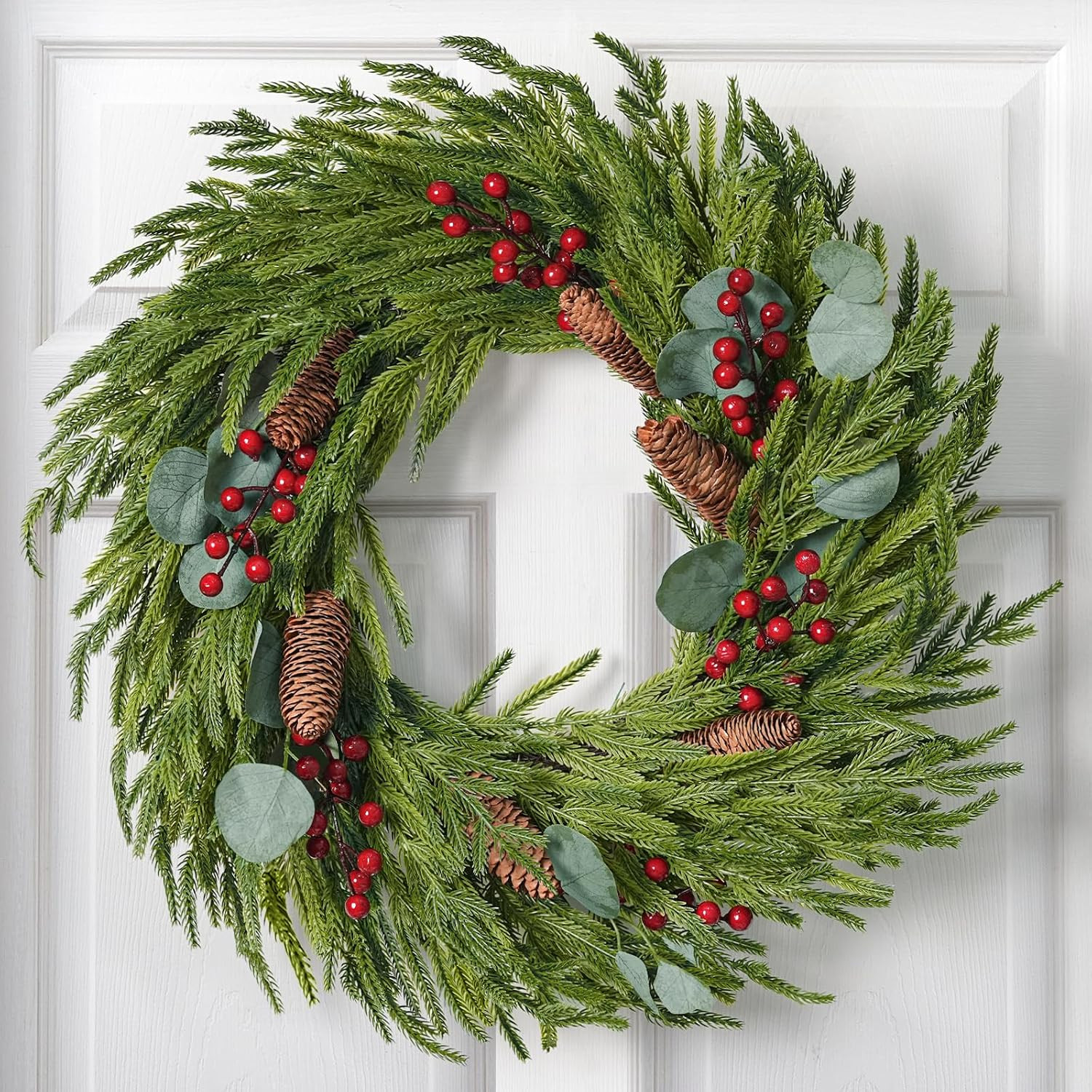Christmas Decorations - 22 Inch Artificial Norfolk Pine Christmas Wreath with Pine Cones, Eucalyptus, and Red Berries Perfect for Front Door - Indoor Outdoor Holiday Decor for Mantle, Wall, Window | Amazon (US)