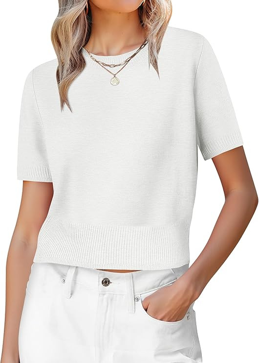 ANRABESS Womens Short Sleeve Sweaters Cropped Crew Neck Business Casual Lightweight Sweater Tops ... | Amazon (US)