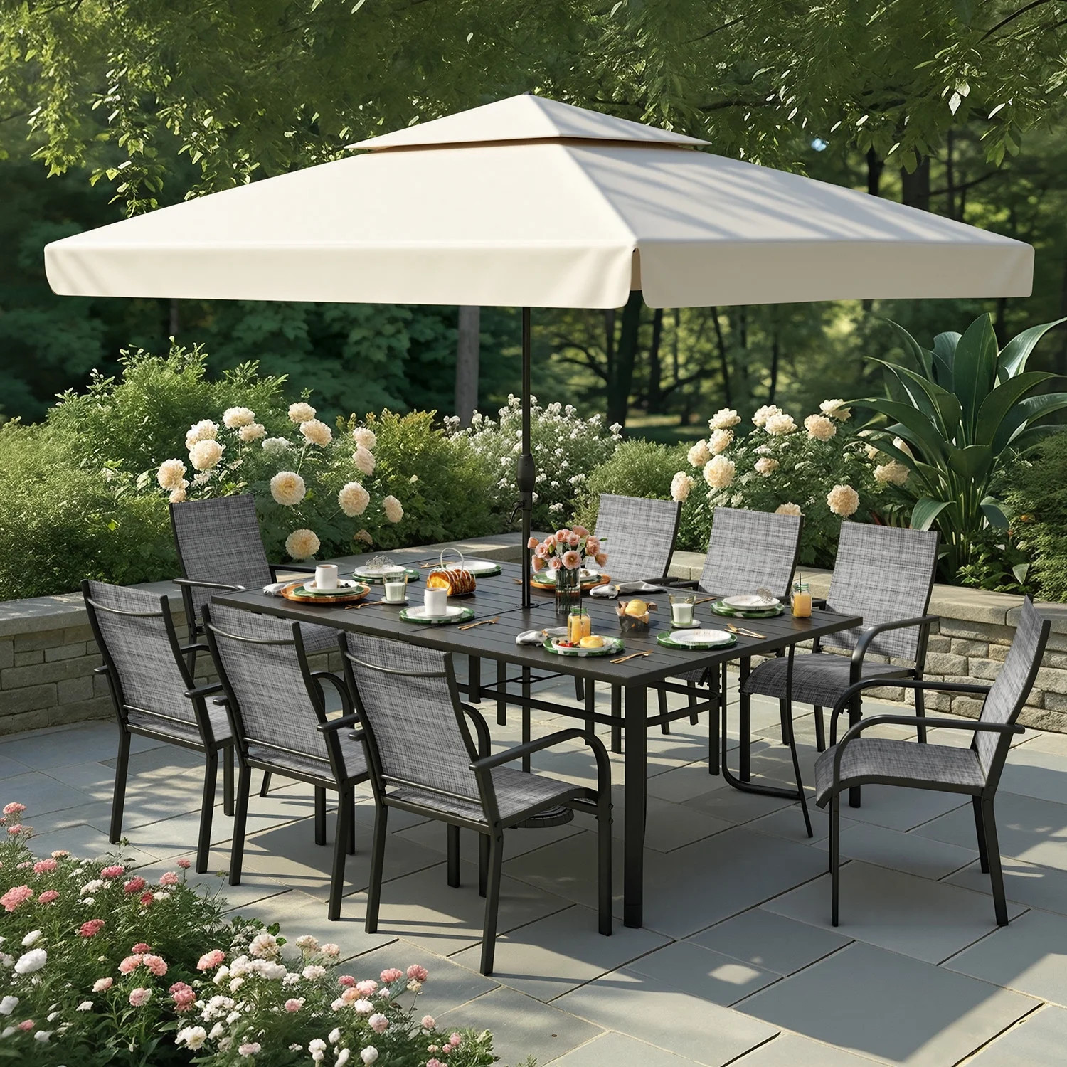Erinnyees 9-Piece Outdoor Patio Dining Set, Metal Table with Umbrella Hole, 8 Stackable Chairs, S... | Walmart (US)