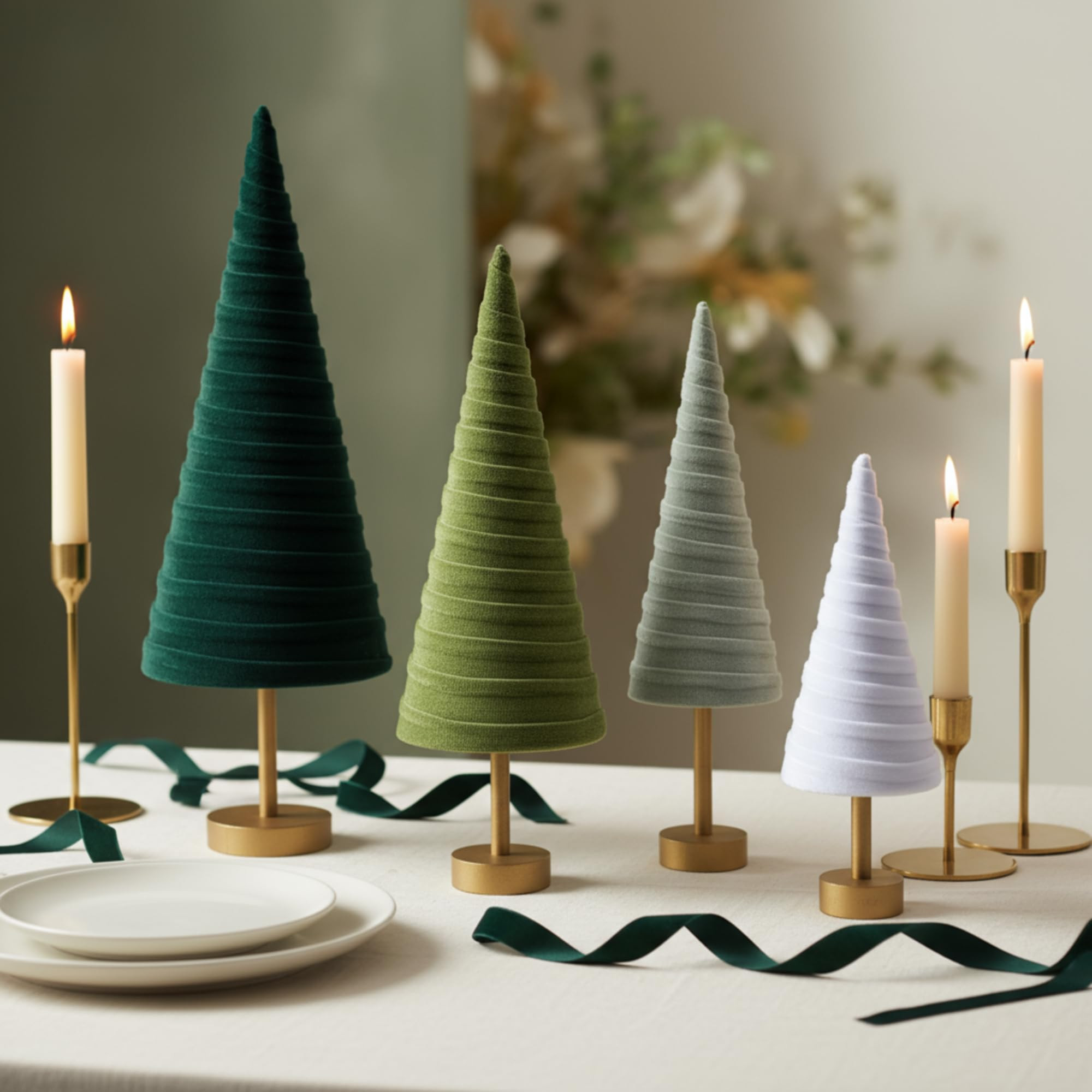 Hoolerry 4 Pcs Christmas Velvet Trees with Gold Pedestal Modern Rustic Christmas Velvet Cone Tree... | Amazon (US)