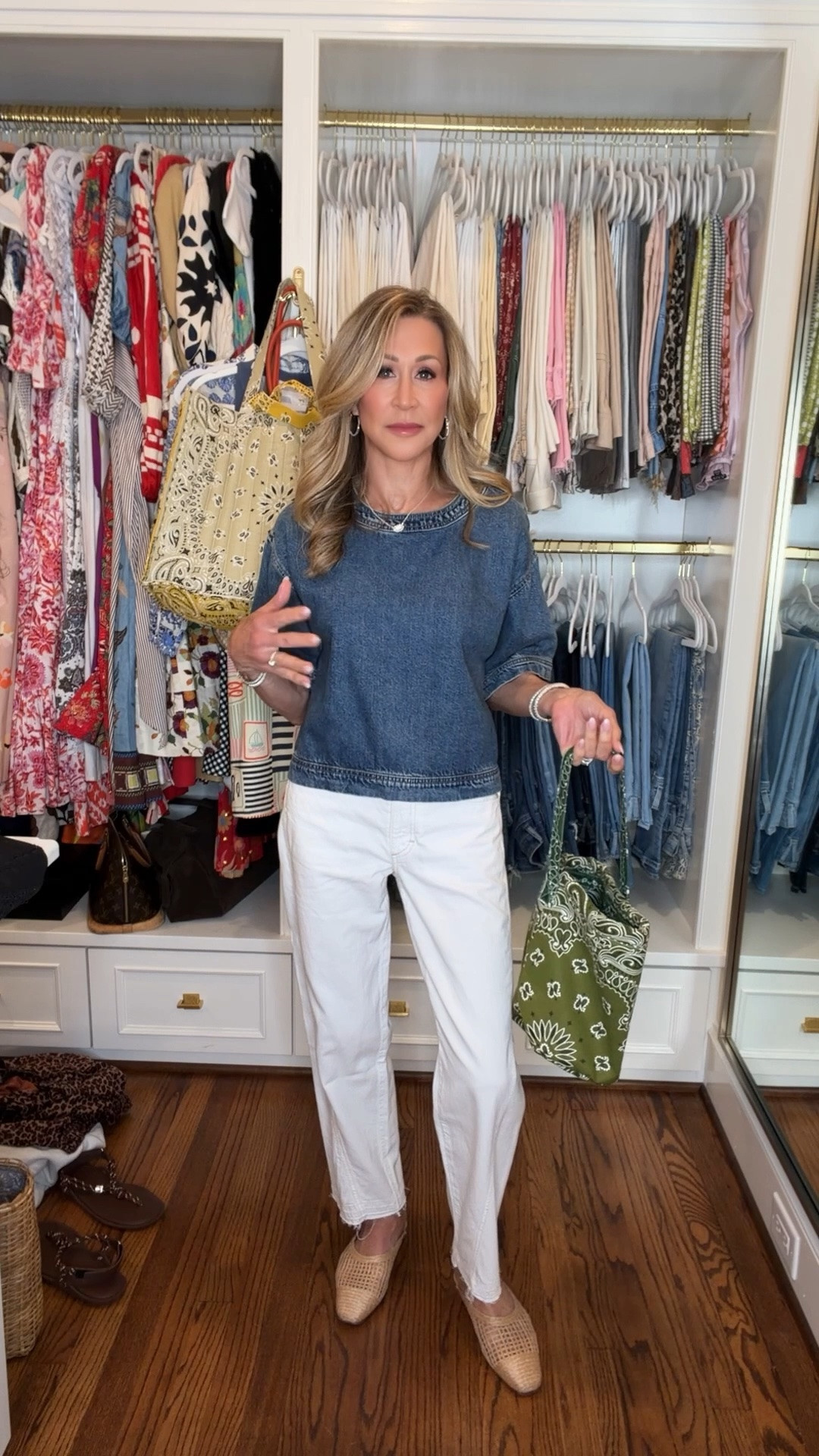 Cutest easy casual summer look.  White barrel jeans, denim top, raffia mules and a bandana bag.

#LTKootd #LTKdayinmylife #LTKSeasonal