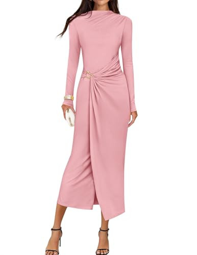 ZESICA Women's 2026 Spring Long Sleeve Bodycon Dress Mock Neck Wedding Guest Cocktail Party Long Midi Dresses Pink Medium | Amazon (US)