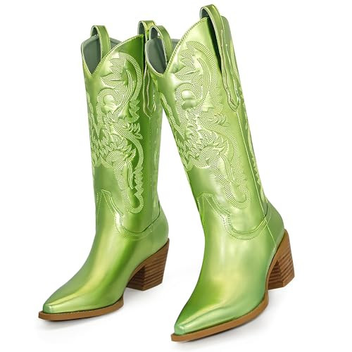 Ouepiano Green Cowboy Boots for Women - Wide Calf Cowgirl Boots Mid-Calf Western Boots with Classic Embroidered, Pointed Toe Slip On Chunky Heel for Country Concerts and Parties | Amazon (US)