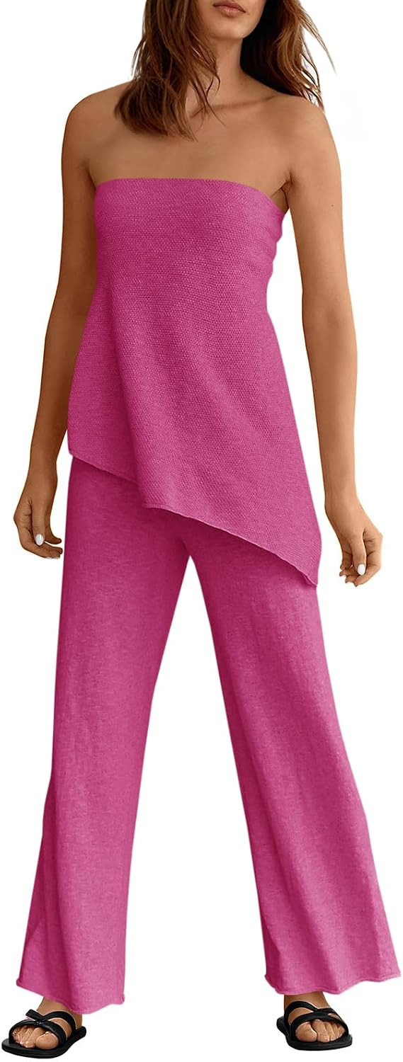 Tankaneo Womens 2 Piece Outfits Asymmetrical Tube Top Wide Leg Pants Knit Vacation Travel 2026 Matching Lounge Sets | Amazon (US)
