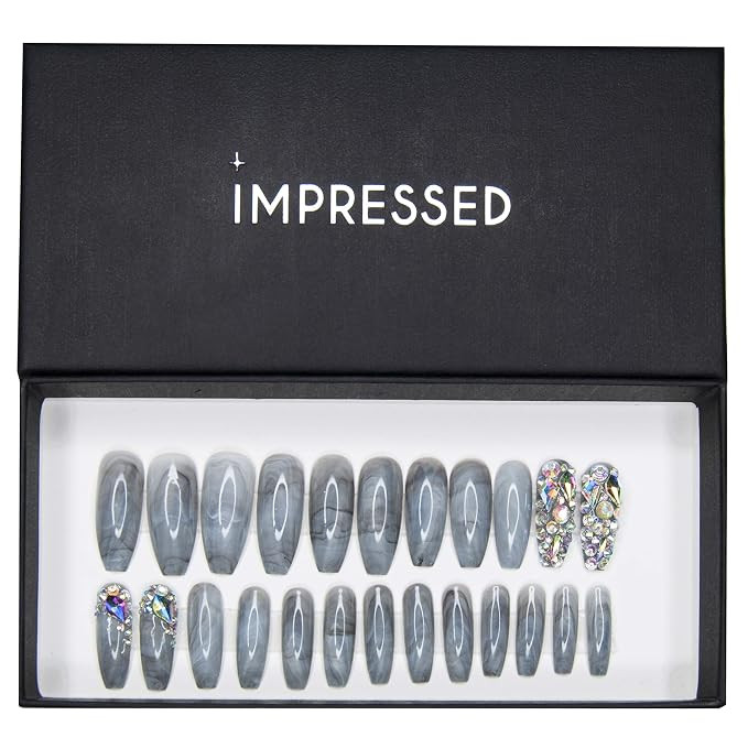 IMPRESSED Luxury Press on Nails 24 pcs Long Fake Coffin Nail Tips Grey Marble Rhinestone Design F... | Amazon (US)