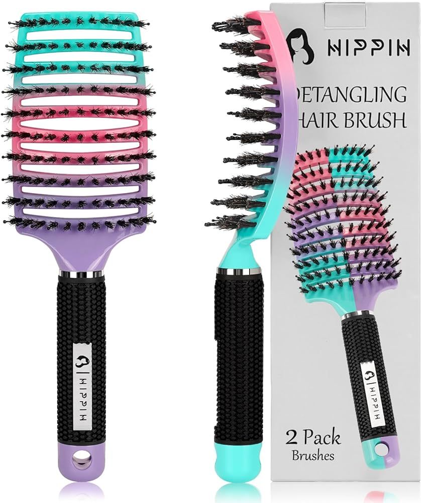 Detangling Brush 2 Pack, HIPPIH Detangler Hair brush for Adult & Kids’ Wet or Dry Hair, Boar Br... | Amazon (US)