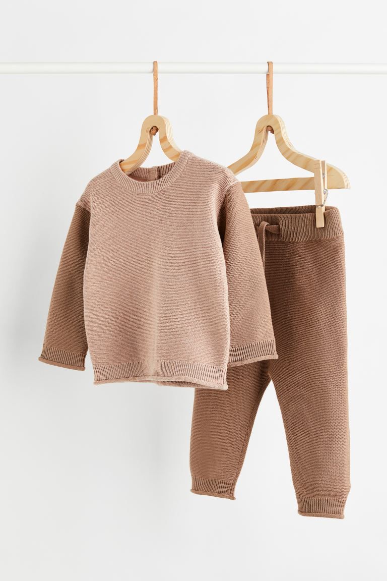 2-piece fine-knit cotton set - Dusty pink/Dark beige - Kids | H&M GB | H&M (UK, MY, IN, SG, PH, TW, HK)