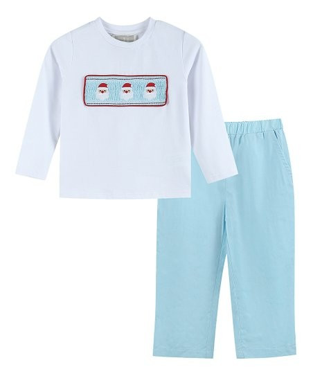 Lil Cactus White Santa Smocked Shirt and Blue Pants Set - Infant, Toddler & Boys | Zulily