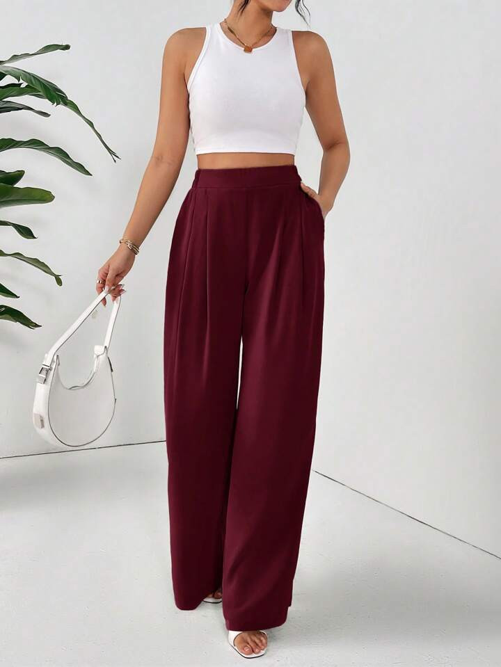SHEIN Essnce Calça Comprida Básica Feminina, De Perna Larga, Com Bolsos Plissados, Em Cor Sólida E Corte Solto | SHEIN