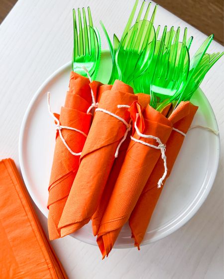 Wrap green cutlery in orange napkins to look like carrots.

Display in an empty terracotta pot or on a bunny cake stand!

Easter decor, Easter entertaining 

#LTKunder50 #LTKSeasonal #LTKhome