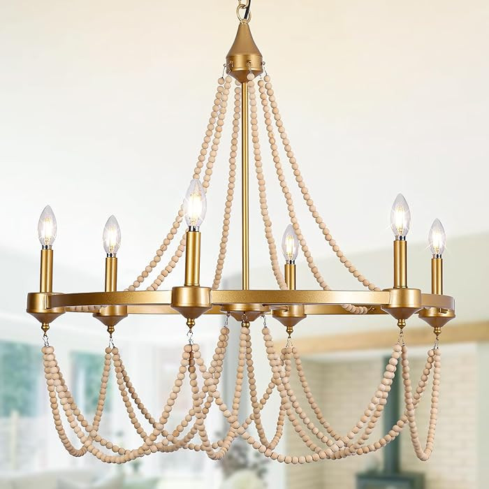 COCOSTAR Elegant Beaded Chandeliers for Dining Room,28 Inch Gold Wagon Wheel Light Fixture,Farmho... | Amazon (US)