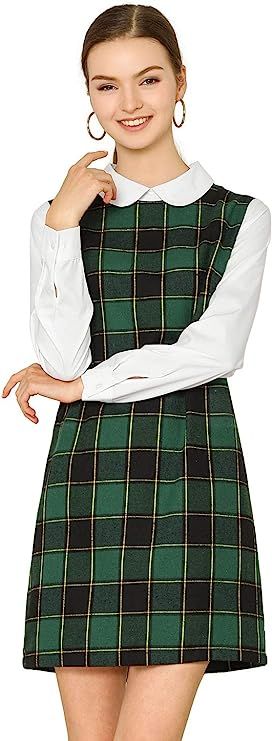 Allegra K Women's Contrast Peter Pan Collar Long Sleeve Shift Plaid Dress | Amazon (US)