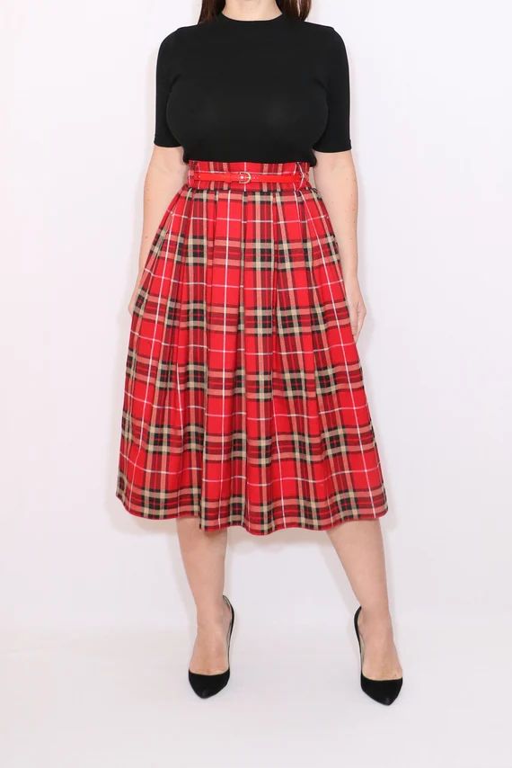 Red tartan midi skirt with pockets plaid midi skirt red | Etsy | Etsy (US)