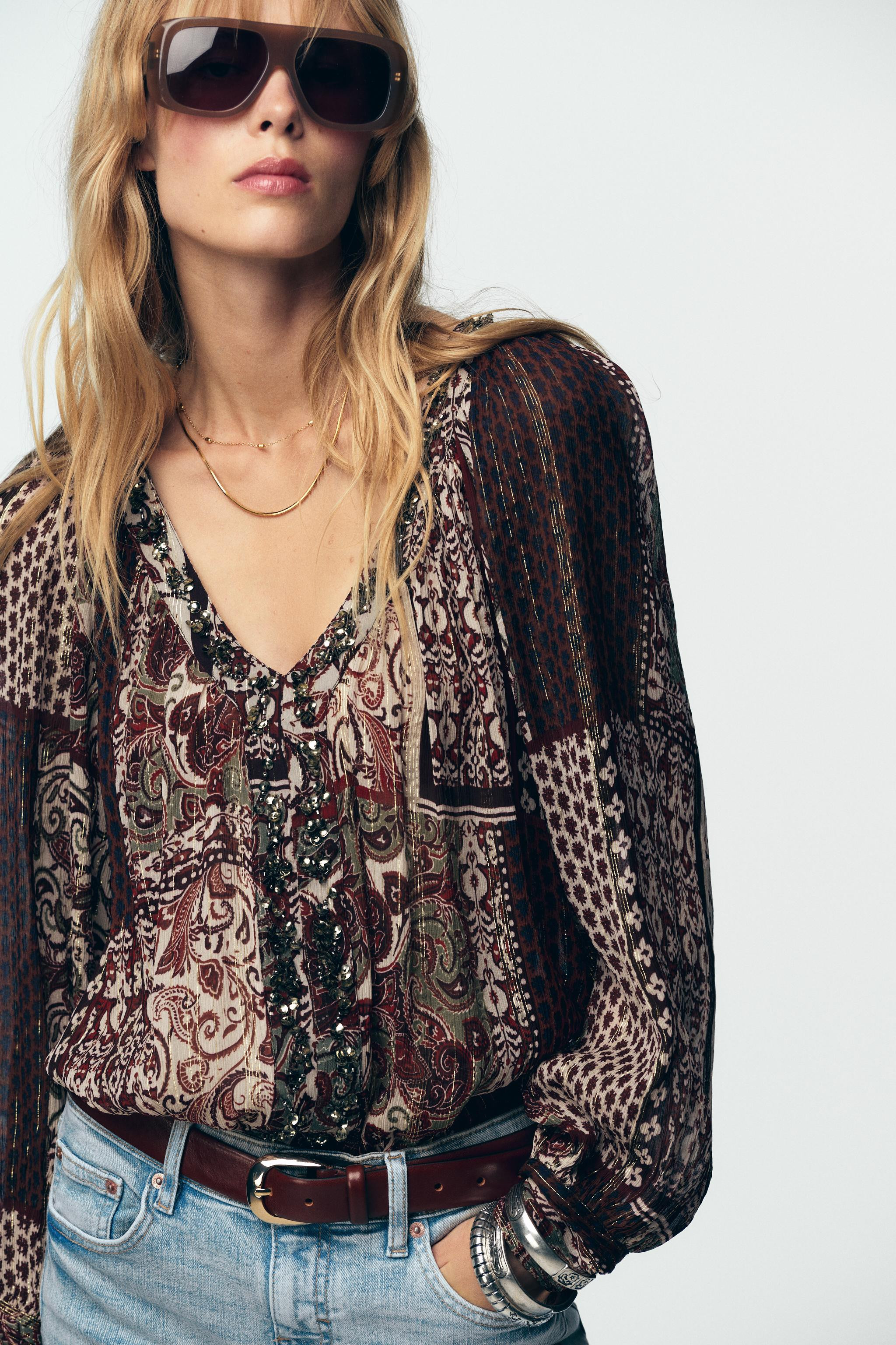 METALLIC THREAD PRINTED BEADED BLOUSE | Zara US