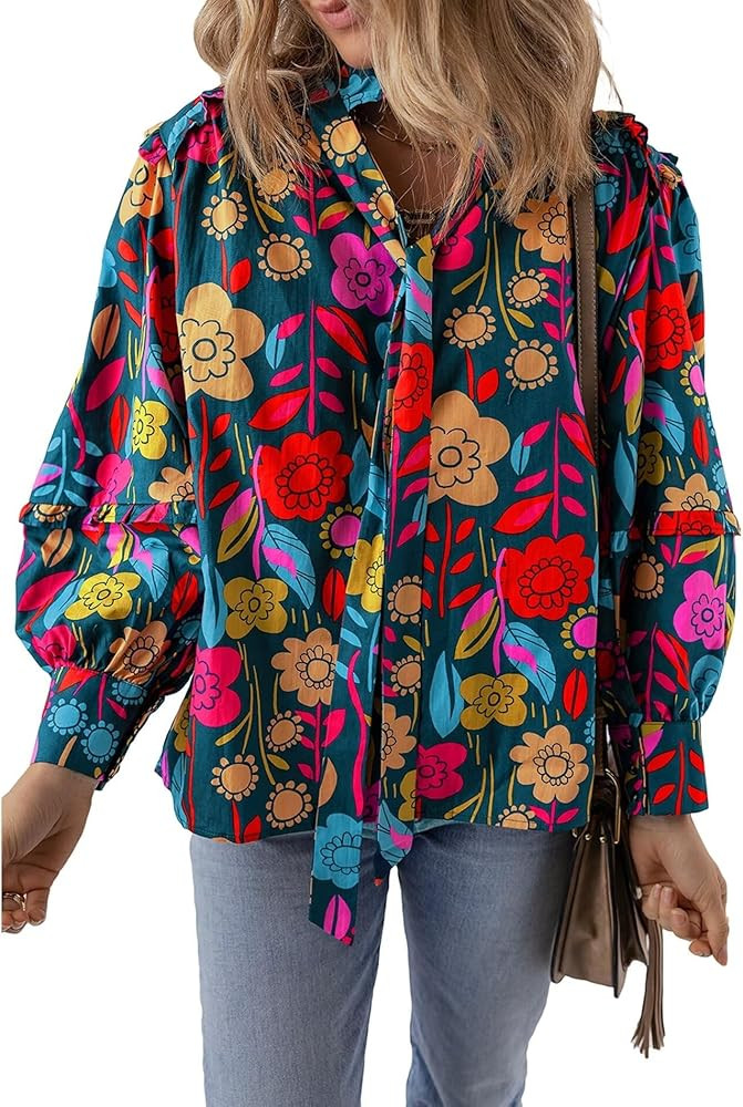 Women's 2024 Fall Floral Knot Split Neck Puff Long Sleeve Shirts Casual Dressy Work Blouse Going ... | Amazon (US)