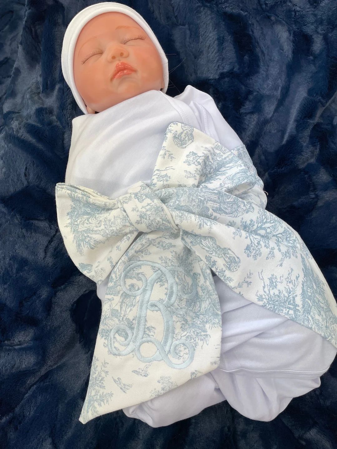 Monogrammed Newborn Baby Blue Toile Bow Sash, Maternity Photo Prop, Monogrammed Newborn Wrap, Bab... | Etsy (US)