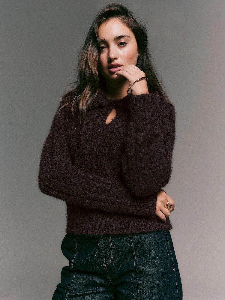 Chocolate Brown Cable Knit Collar Jumper With Wool | Next US