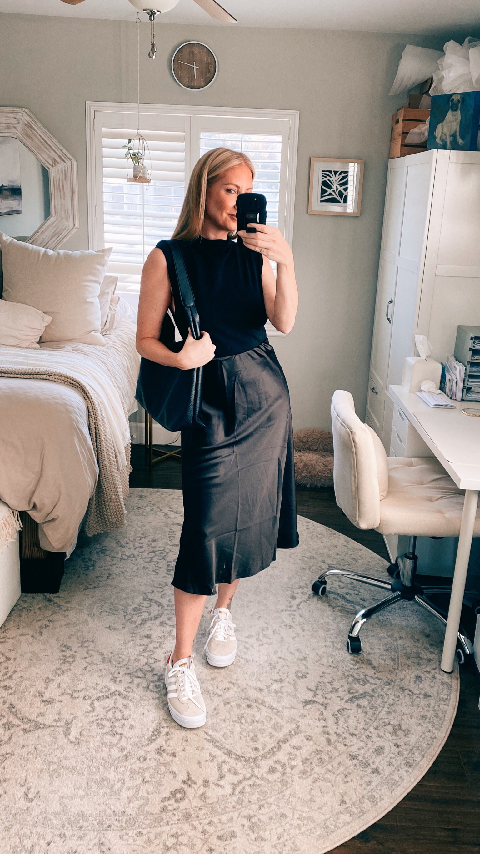 Long satin skirt (wearing size medium ) | black satin skirt | sleeveless, black, mock neck cropped top   (wearing size medium)  | Amazon satin skirt | black shoulder bag | Adidas gazelles 

#LTKfindsunder100 #LTKfindsunder50 #LTKstyletip