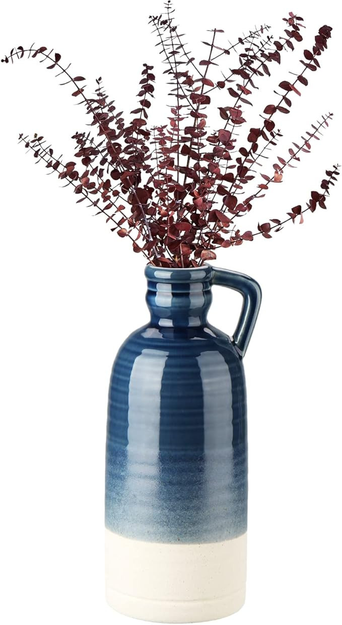 12.5" Blue Ceramic Vase for Home Decor Large Decorative Vase Boho Pottery Bud Vase for Flowers Ru... | Amazon (US)