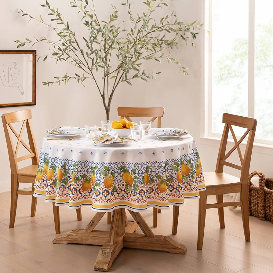 Elrene Home Fashions Capri Lemon Double-Bordered Mediterranean Fabric Tablecloth, Round, 70 inche... | Amazon (US)