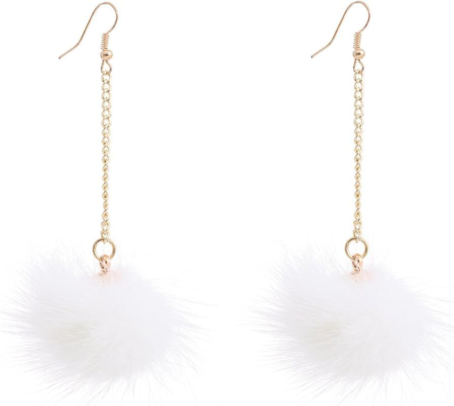 Boderier Cute Rabbit Fur Pom pom Drop Earring Gold Chainlink Dangling Earring Ear Drop for Women Gir | Amazon (US)