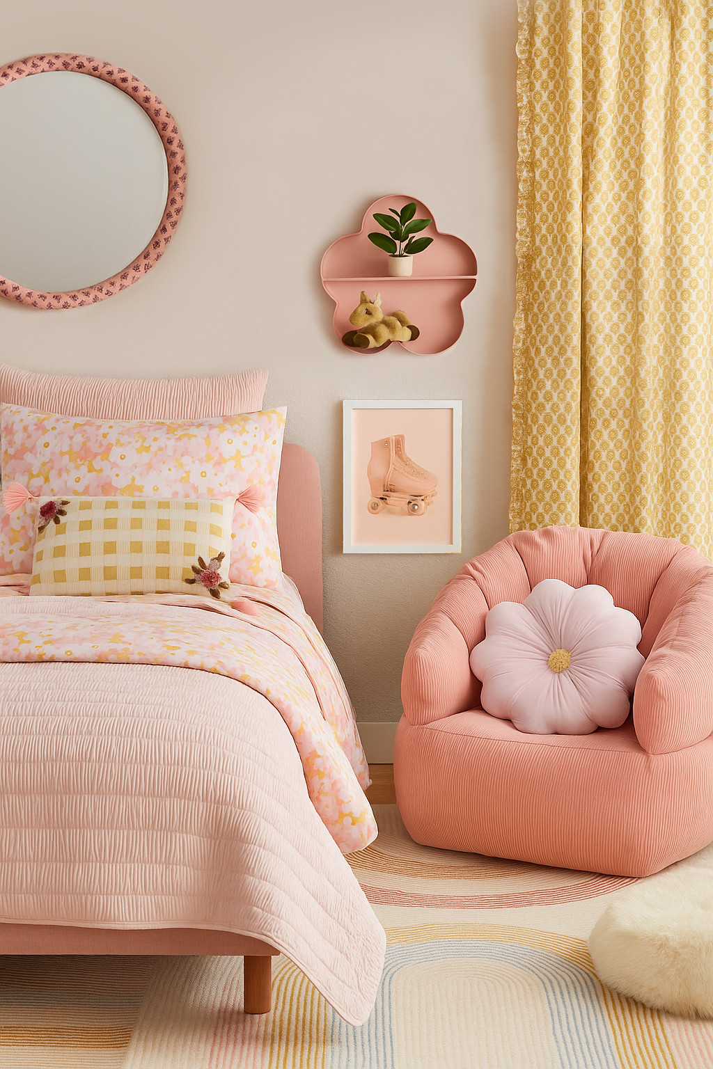 Little girl’s bedroom inspo straight from Barbie land! 🌸 The prettiest pink bedding mixed with some pops of yellow and blue in the floral curtains, rainbow rug and fun wall art. All adorable pieces from Target, pottery barn, west elm, world market and minted! Seersucker pink comforter set, daisy sheet set, yellow curtains, corduroy bean bag chair, pink round mirror, flower wall shelf, roller skates and ice cream wall art and flower throw pillow. And a horse for Ken 🤭 (created with AI based on real-life products) 

 #LTKHome #LTKFindsUnder50 #LTKKids