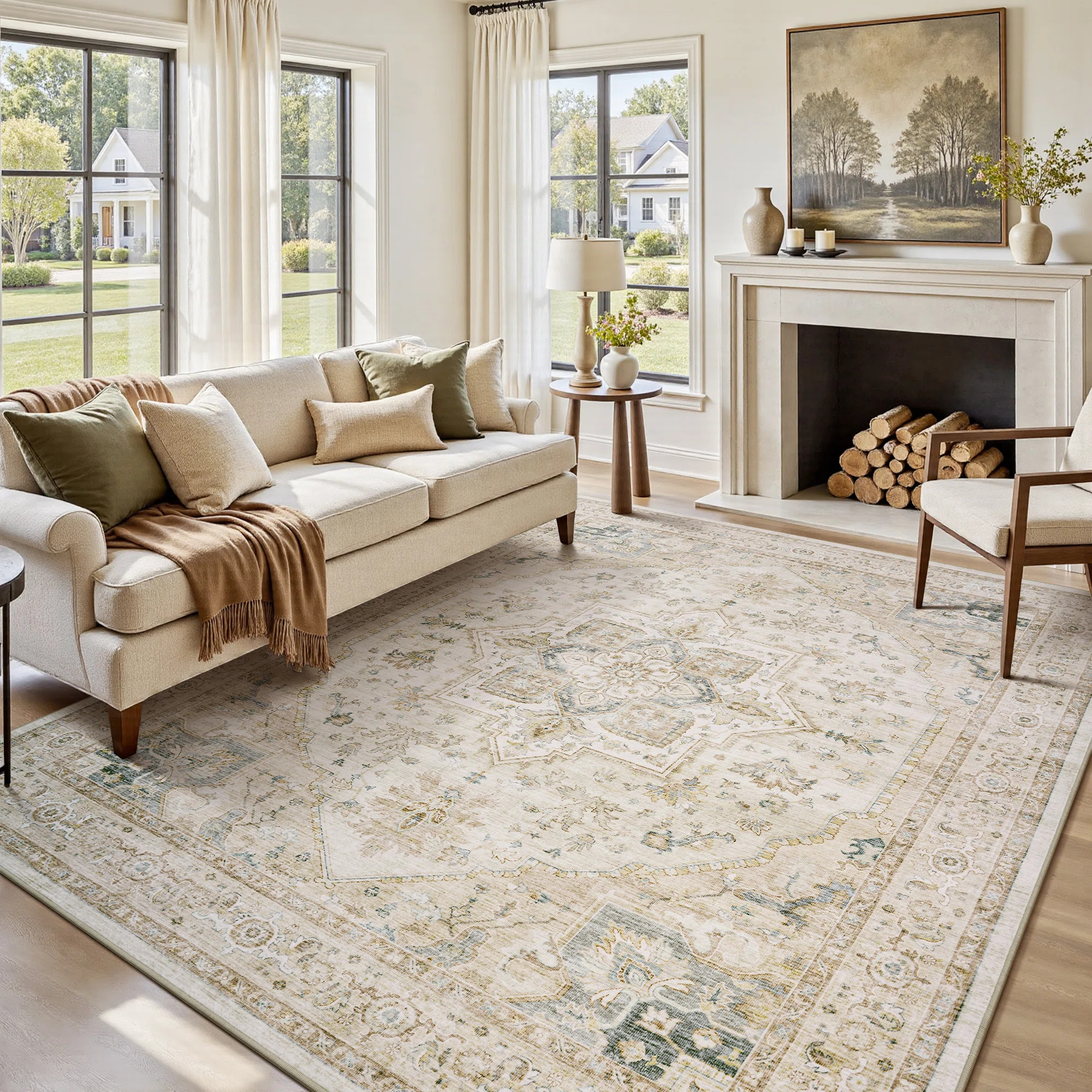 Soft Taupe Machine Washable Vintage Area Rug For Living Room, Bedroom | Wayfair North America
