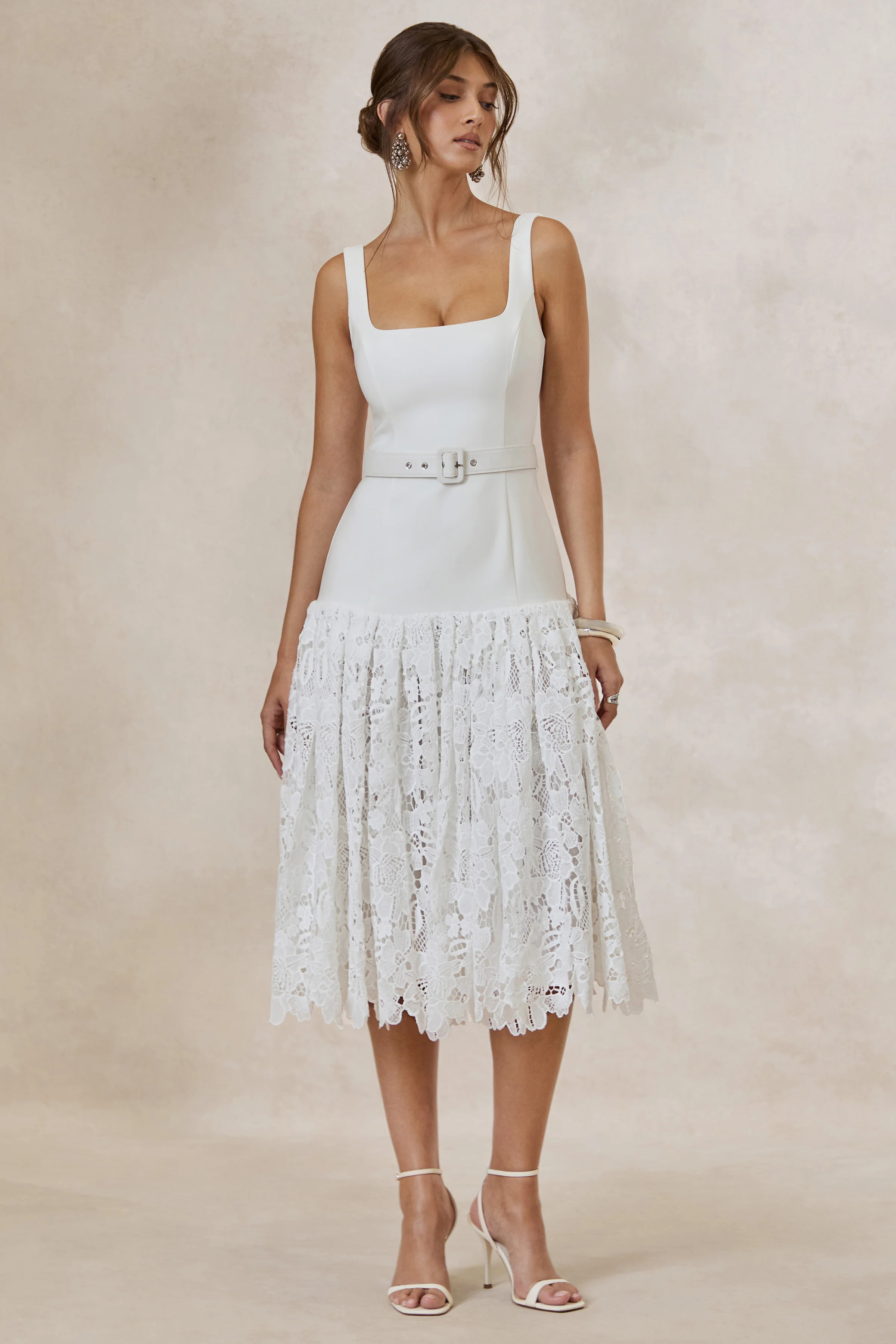Norrie | White Lace Square-Neck Midi Dress With Voluminous Lace Skirt | Club L London