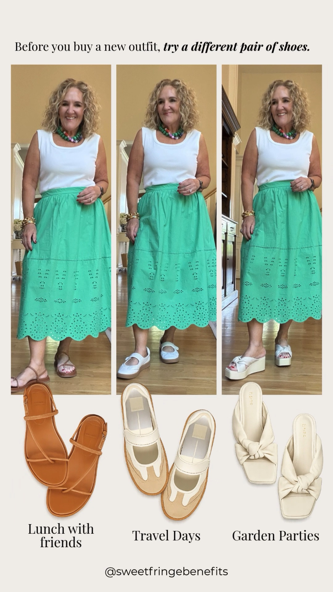 A different pair of shoes can completely change the look of the same outfit. From casual sandals to comfy Mary Janes to dressy platform slides, it's an easy way to style one skirt for lunch with friends, travel days, or garden parties.

💡 LTK MADE EASY
❤️ Heart = Support my posts!
🔖 Save = Get sale & restock alerts
📋 Lists = Keep favorites organized
📲 Share = Send lists and products to a friend. Hello, Christmas List!
💬 Comment = Ask me anything about what I'm wearing.:-)

#LTKootd #LTKSeasonal #LTKOver40
