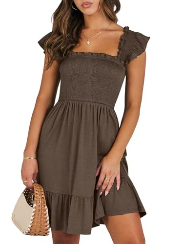 ANRABESS Women's Summer Casual Sleeveless Square Neck Dress 2025 Smocked Ruffle Backless Boho Beach Cute Teen Short Sundress Coffee Medium | Amazon (US)