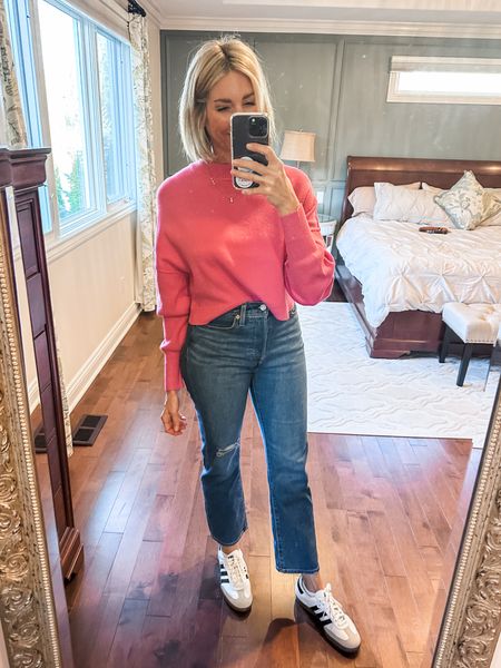 Love an Amazon pink sweater for spring! Levi’s jeans and Adidas Samba sneakers. All fit true to size. 

#LTKfindsunder50 #LTKover40 #LTKstyletip