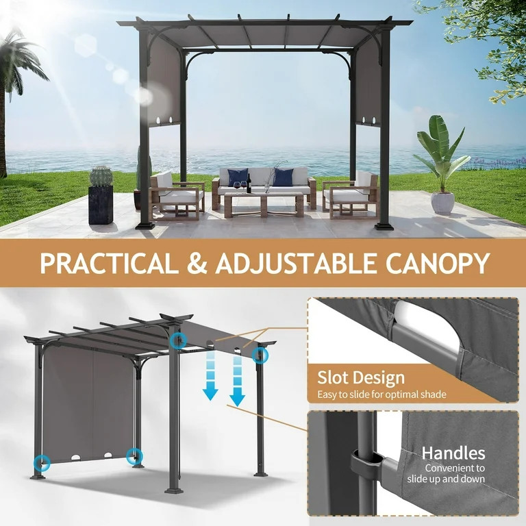 Ktaxon 10' x 10' Pergola Metal Dark 6 Beams Adjustable Shade Fabric Curved Top Folding Shed Gray | Walmart (US)
