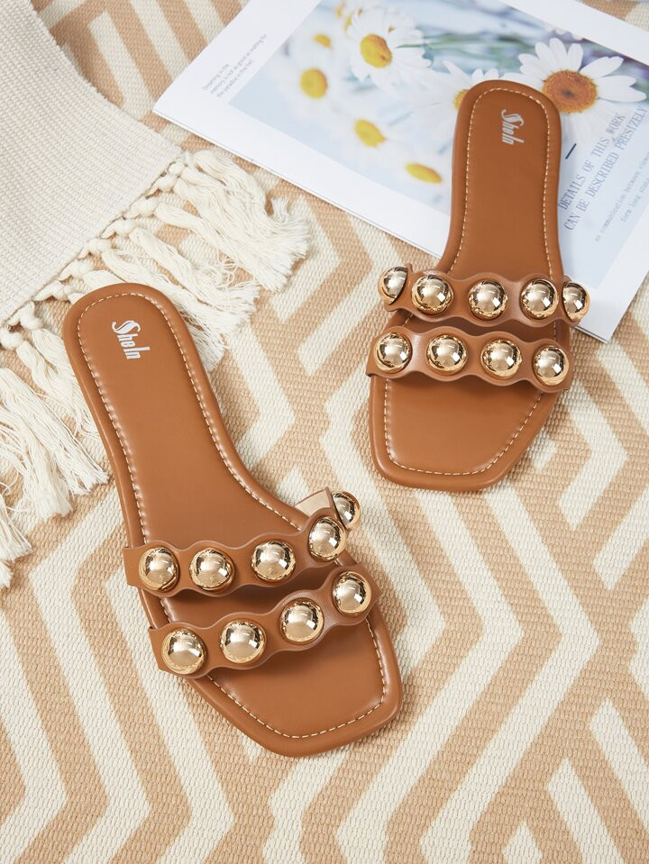 Styleloop Metal Decor Scallop Trim Slide Sandals | SHEIN