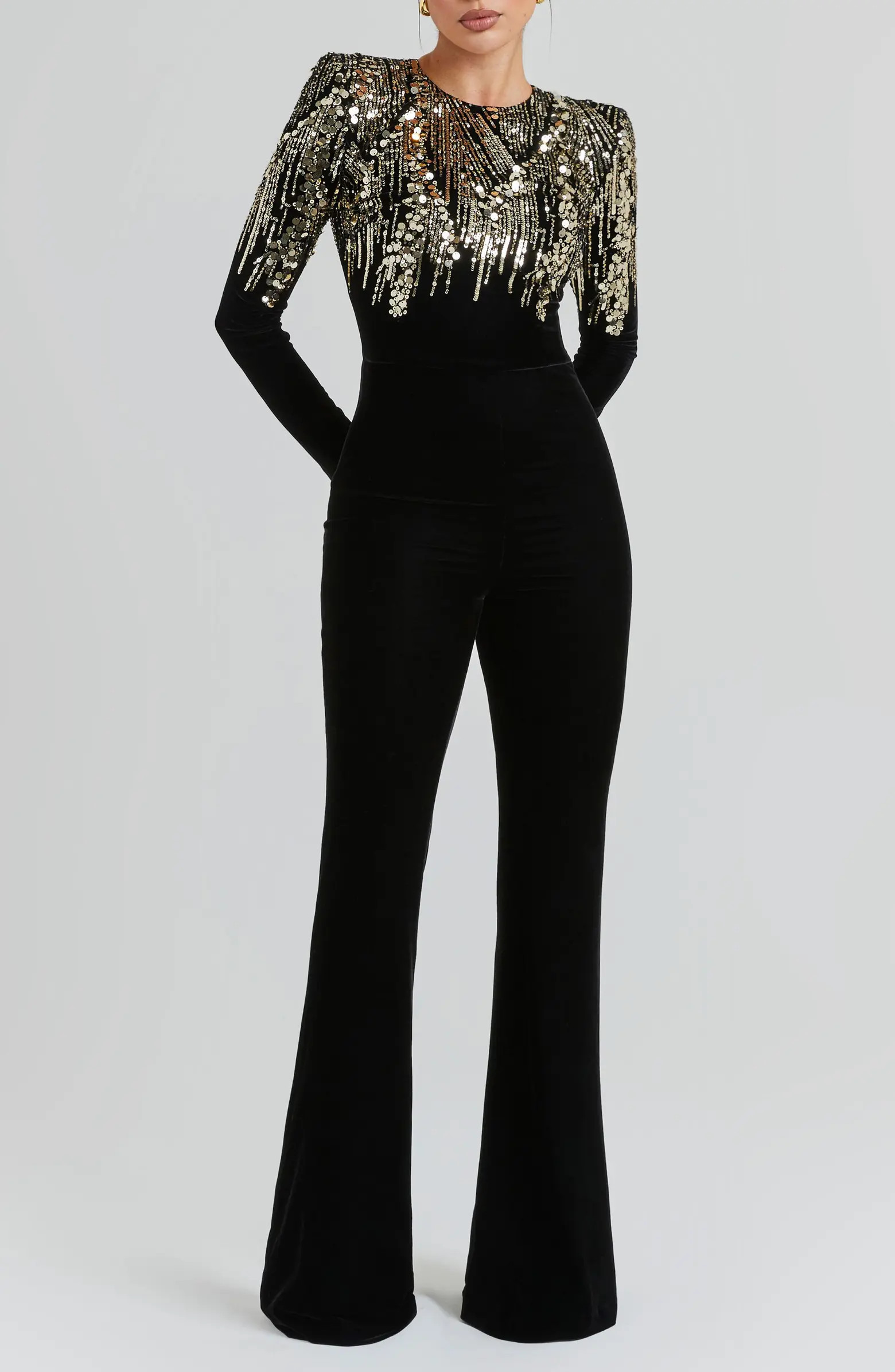 NADINE MERABI Katarina Sequin Long Sleeve Velvet Jumpsuit | Nordstrom | Nordstrom